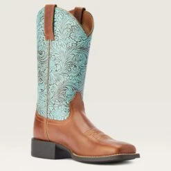 Ariat Women's Round Up Brown/Turquoise Square Toe Boots 12 Ariat Women's Round Up Brown/Turquoise Square Toe Boots -Western Cowboy Equipment 10042534 medial warm