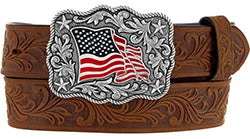 Justin Kid's Brown Tooled Flag Buckle Belt 3 Justin Kid's Brown Tooled Flag Buckle Belt