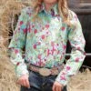 Cruel Girl Turquoise Cactus Print Long Sleeve Shirt -Western Cowboy Equipment CTW8040004