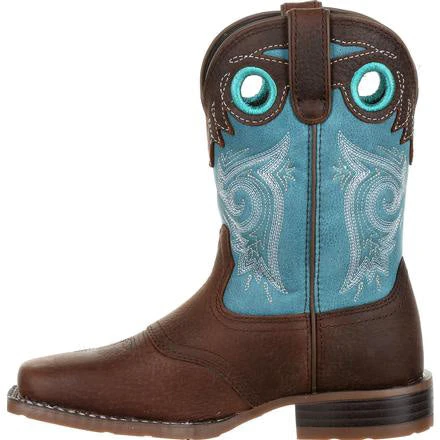 Durango Kid's Lil' Mustang Saddle Brown And Teal SQ Toe Boot 6 Durango Kid's Lil' Mustang Saddle Brown And Teal SQ Toe Boot - Image 4