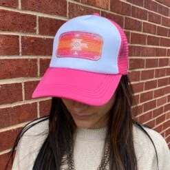 McIntire Saddlery Pink Foam Aztec Leather Patch Cap -Western Cowboy Equipment IMG 5668