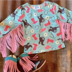 Shea Baby Turquoise Cowgirl Fringe Long Sleeve Shirt -Western Cowboy Equipment ST04a
